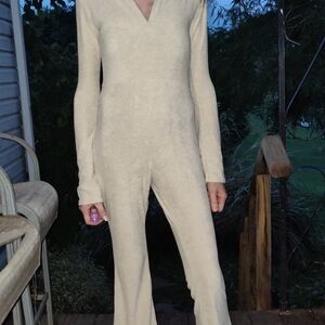 Soft Cream Long-Sleeve V-Neck Jumpsuit